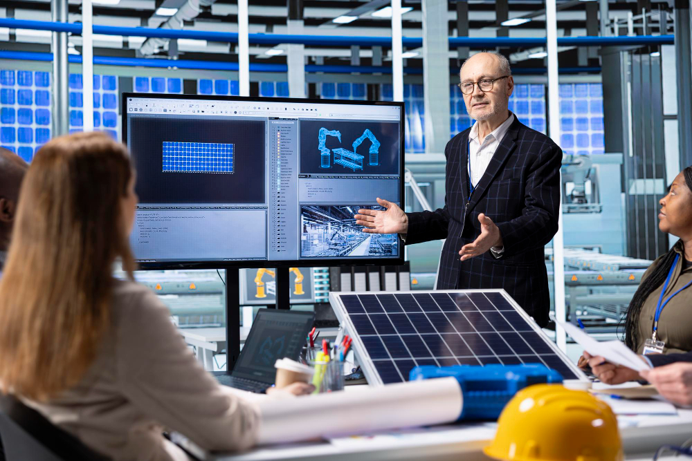 Mühendisler proje planlarını inceliyor